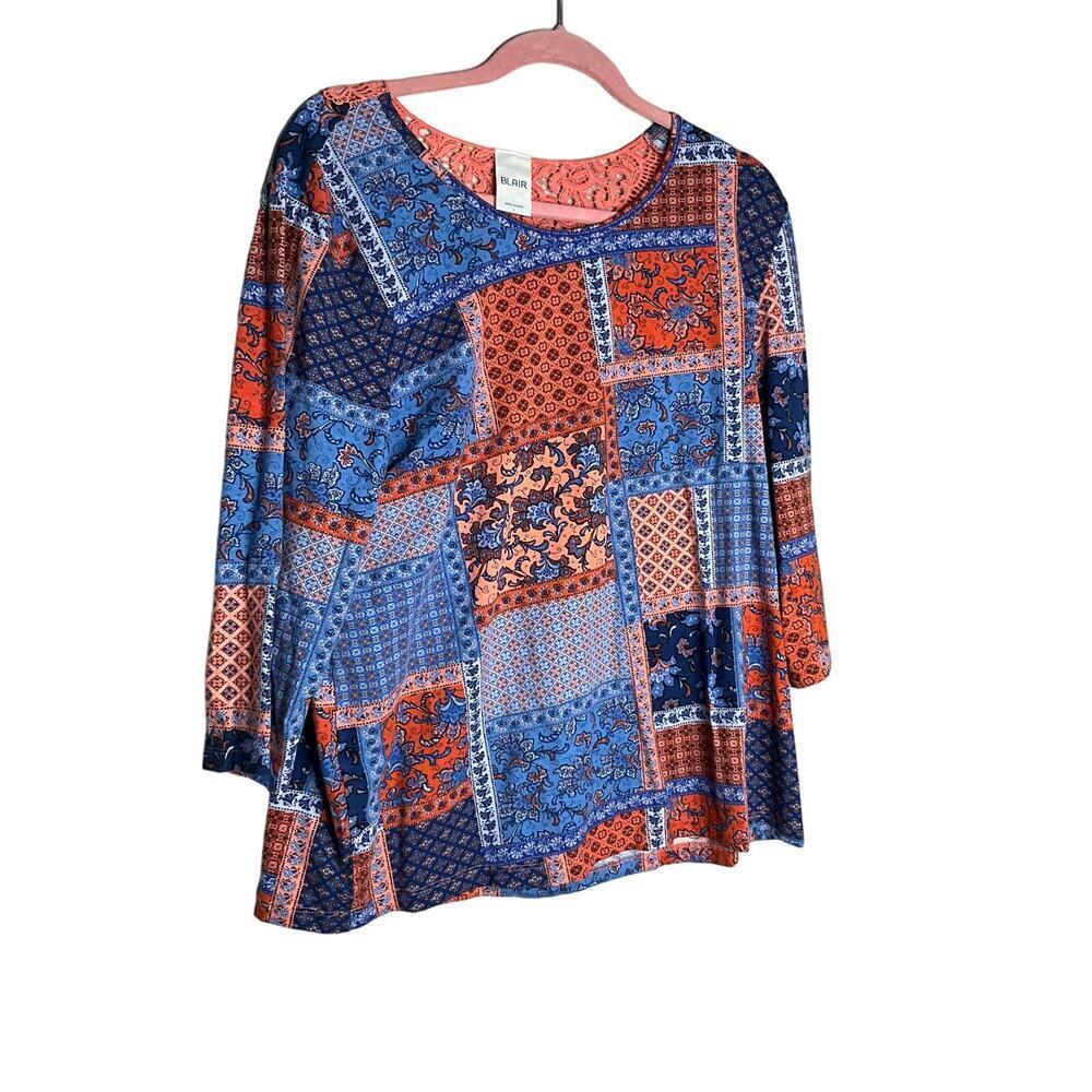 Blair Tunic Top Printed Long Sleeve Lace Back Pullover Blue Pink‎ Womens Large